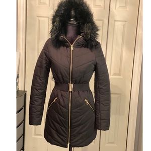 H&M black puffer Jacket with faux fur hood